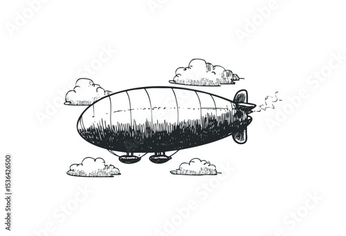Hand-drawn vintage airship floating among clouds. Vector retro hand drawn illustration