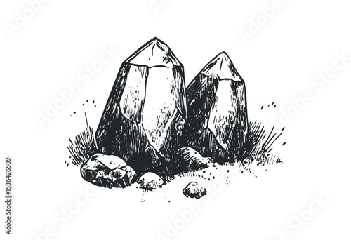 Hand-drawn sketch of two crystal rock formations with grass and stones. Vector retro hand drawn illustration