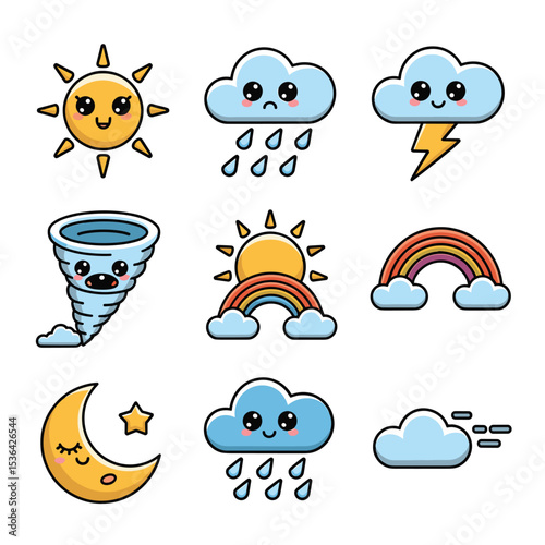 Cute Weather Icons Set Including Sun, Cloud, Rain, Lightning, Tornado, Rainbow, and Moon