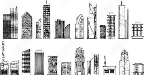 This vector collection showcases various buildings embodying modern architectural styles
