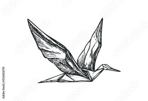 Origami crane drawing with detailed pencil sketch of paper bird with extended wings. Vector retro hand drawn illustration