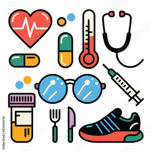 Medical Health Icons Set with Stethoscope, Syringe, Pills, Heart, and Fitness Shoe
