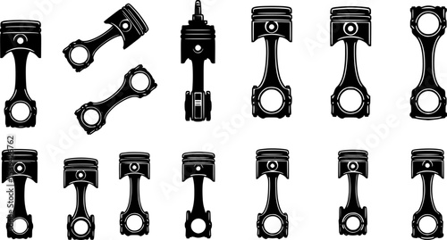 Car engine piston icons set. Collection of various engine pistons, highlighting diverse connecting rod and crankshaft configurations
