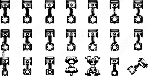 Car engine piston icons set. Collection of various engine pistons, highlighting diverse connecting rod and crankshaft configurations
