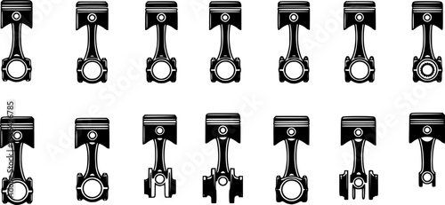 Car engine piston icons set. Collection of various engine pistons, highlighting diverse connecting rod and crankshaft configurations

