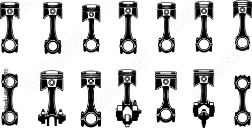 Car engine piston icons set. Collection of various engine pistons, highlighting diverse connecting rod and crankshaft configurations
