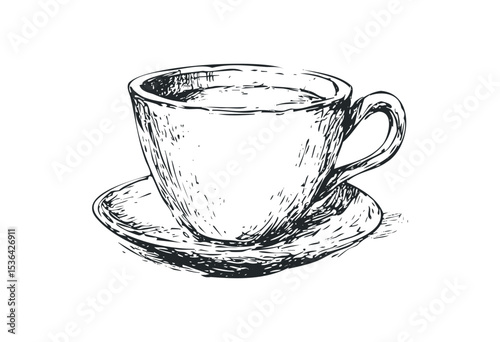 Hand-drawn sketch of a coffee cup on saucer with intricate details. Vector retro hand drawn illustration