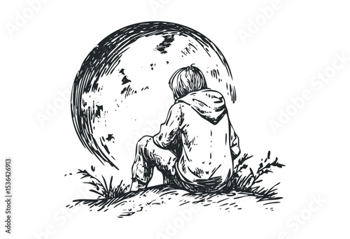 Illustration of young male sitting outdoors near a large moon. Vector retro hand drawn illustration