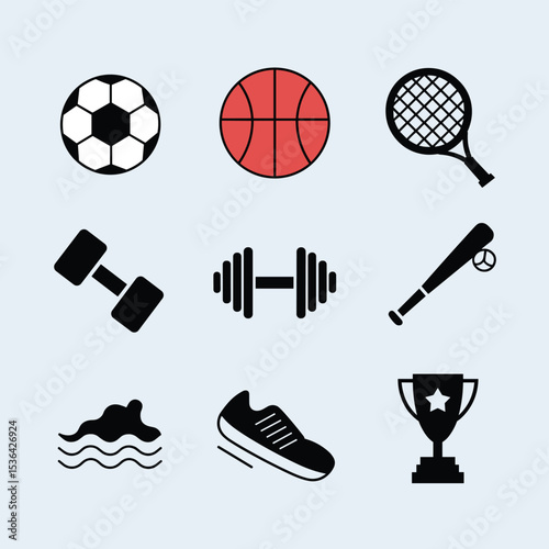 Sports Equipment Icons Including Ball, Racket, Dumbbell, Bat, Shoe, Swimming and Trophy