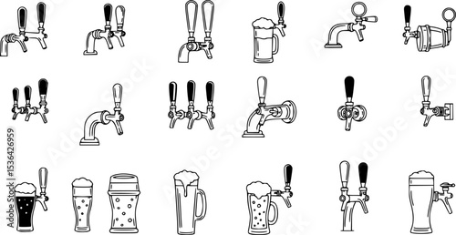 Beer taps icons set. Beer tap handles, dispensing refreshment, one pint at a time, a collection of various beer tap handles
