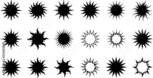 Starburst price icons set. Burst icons represent exploding and shattering objects, indicating sudden releases of energy or destruction
