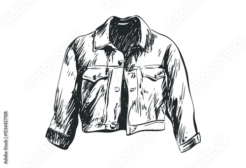 Hand-drawn denim jacket sketch with button details on white background. Vector retro hand drawn illustration