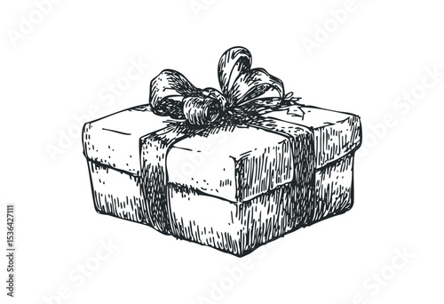 Detailed sketch of a gift box with ribbon and bow. Vector retro hand drawn illustration