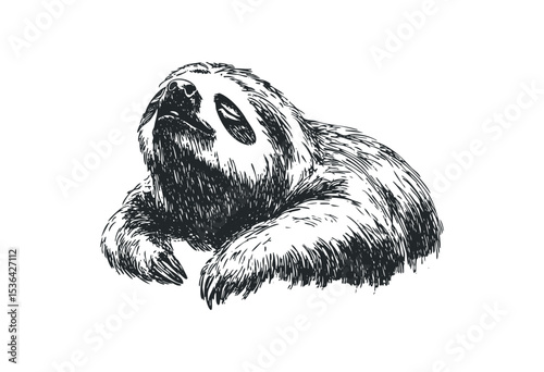 Hand-drawn sloth relaxing with eyes closed in detailed sketch. Vector retro hand drawn illustration