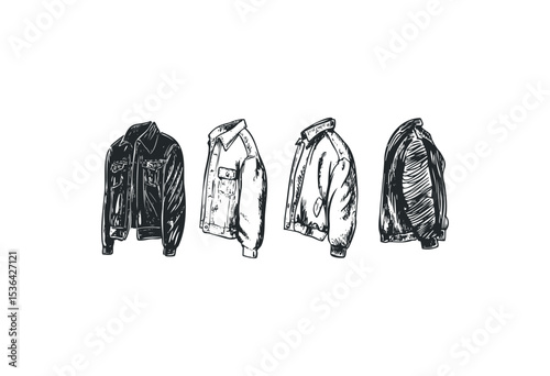 Variety of sketchy jackets showing different designs and styles. Vector retro hand drawn illustration