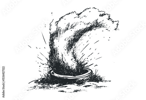 Abstract black and white drawing of whirlwind erupting from vessel. Vector retro hand drawn illustration
