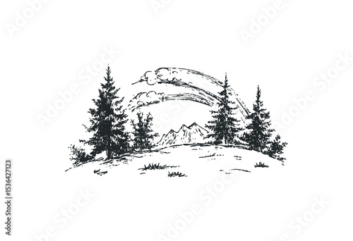 Sketch of pine trees and mountain landscape with scenic clouds. Vector retro hand drawn illustration
