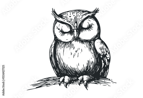 Detailed sketch of a proud owl with intricate feather patterns. Vector retro hand drawn illustration