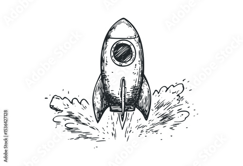 Hand-drawn rocket with sketched fire trail. Vector retro hand drawn illustration