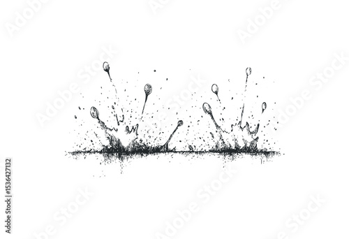 Abstract water splashes with dynamic droplet patterns on a white background. Vector retro hand drawn illustration