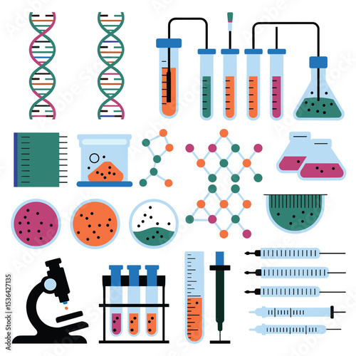 Laboratory Science Equipment and DNA Molecule Icon Set for Medical Research