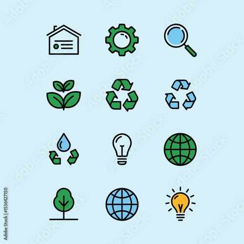 Sustainable Energy and Environmental Conservation Vector Icons Set