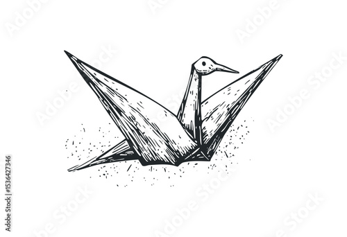 Origami crane sketch with textured lines in ink drawing style. Vector retro hand drawn illustration