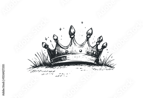 Vintage crown sketch with ornamental details and star accents. Vector retro hand drawn illustration