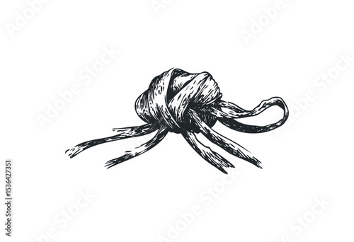 Hand-drawn sketch of a knotted ribbon in detailed black and white art. Vector retro hand drawn illustration