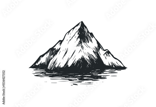 Monochrome hand-drawn mountain peaks with reflection in water. Vector retro hand drawn illustration