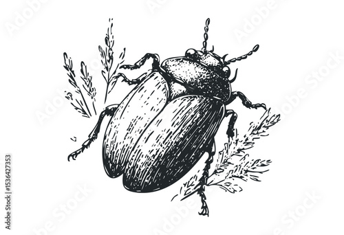 Detailed illustration of beetle with delicate botanical elements. Vector retro hand drawn illustration