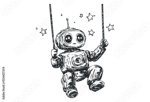 Vintage robot enjoying a swing with stars in black and white illustration. Vector retro hand drawn illustration