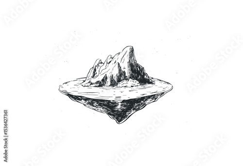 Floating island illustration with mountainous terrain. Vector retro hand drawn illustration