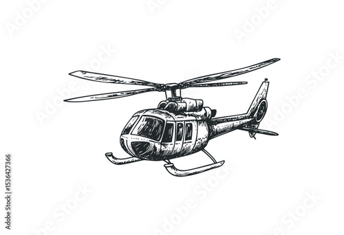 Detailed sketch of a helicopter with rotor blades and landing skids in black and white. Vector retro hand drawn illustration