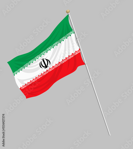 Flag of Iran with flag pole waving in the wind over white background, Iranian flag with green, white, and red stripes, featuring a red emblem in the center. The flag of Iran waves in the wind, showcas
