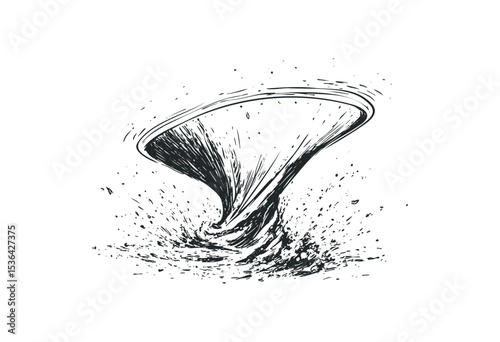 Dynamic tornado artwork: black and white swirling vortex. Vector retro hand drawn illustration