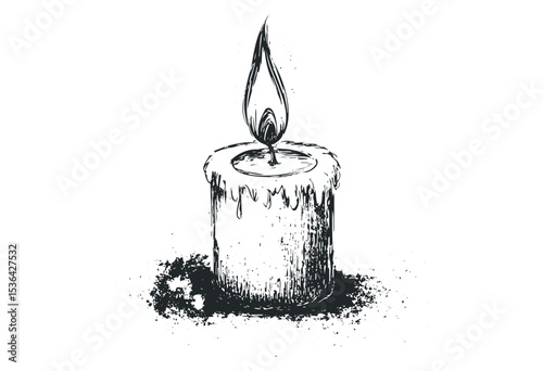 Hand-drawn melting candle with detailed flame illustration. Vector retro hand drawn illustration