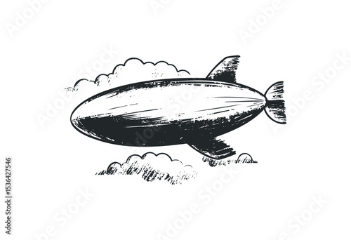 Vintage airship illustration with clouds and detailed sketch design. Vector retro hand drawn illustration