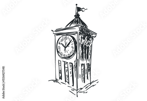 Hand-drawn sketch of iconic clock tower with detailed architecture. Vector retro hand drawn illustration