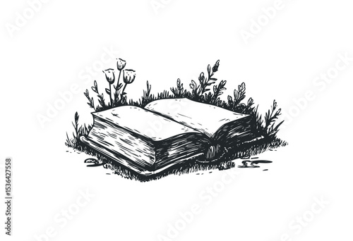 Vintage book with floral accents in nature sketch. Vector retro hand drawn illustration