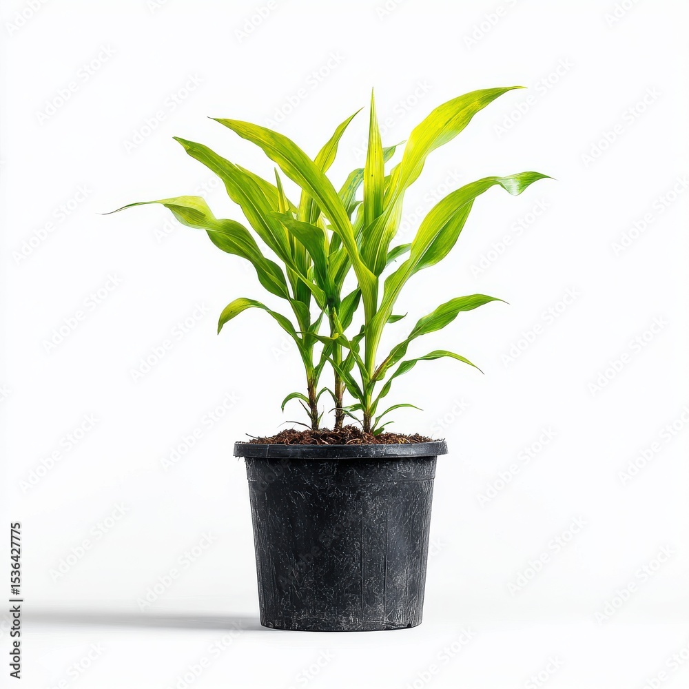 Fototapeta premium Vibrant Green Houseplant in Black Pot Against White Background