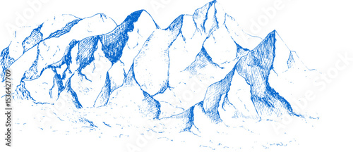 Hand drawn mountain landscape, A Peaks rocks and hills in the snow Ski resort