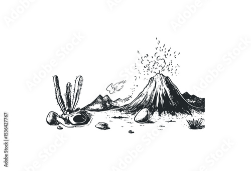 Erupting volcano with bird and desert elements in black and white illustration. Vector retro hand drawn illustration