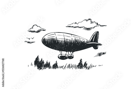 Vintage airship illustration with clouds and birds in the sky. Vector retro hand drawn illustration