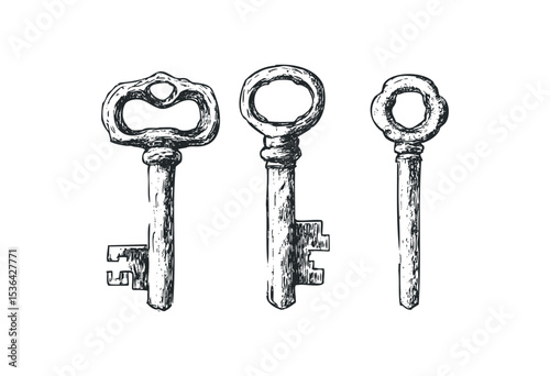 Vintage skeleton keys collection in black and white illustrations. Vector retro hand drawn illustration