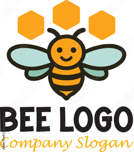 vector honeybee logo design with honeycomb cartoon insect mascot yellow black stripes blue wings for branding
