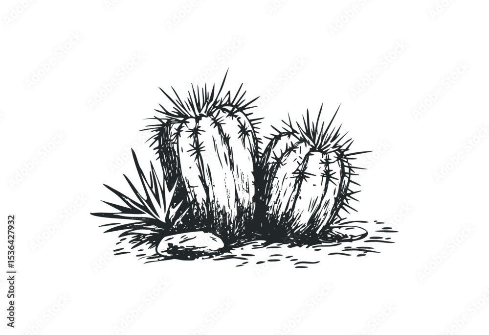 Fototapeta premium Detailed cactus sketch illustration with desert elements. Vector retro hand drawn illustration