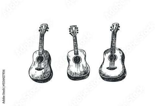 Hand-drawn acoustic guitars set illustration in black and white. Vector retro hand drawn illustration