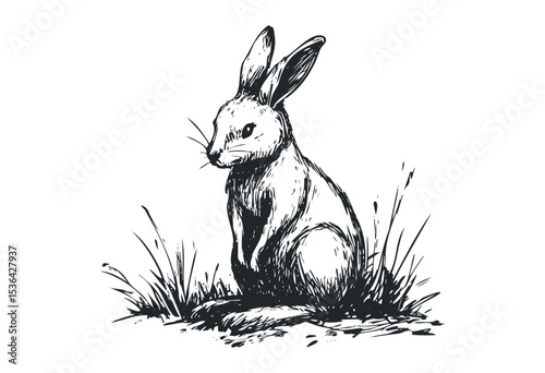 Detailed sketch of sitting rabbit with grass elements. Vector retro hand drawn illustration