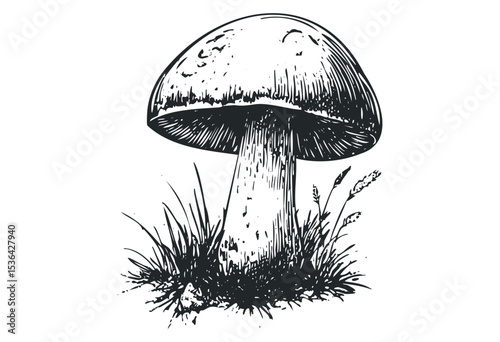 Detailed ink drawing of a mushroom with grass. Vector retro hand drawn illustration